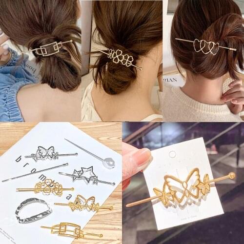 Korea Metal Hollow Gold Silver Hair Clips For Hair Accessories Elegant Vintage Geometric Hair Sticks For Women Girls