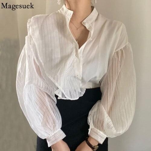 Korean Lantern Long Sleeve Mesh Stitching Blouse Women Loose Stand Collar Casual Shirt Ladies Ruffles Gentle Tops Blusas 15813