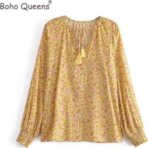 Boho Queens Tops Vintage yellow Floral Print tassel Loose Blouses ladies lace-up o-Neck Long Sleeve Beach Shirts Blusas Mujer