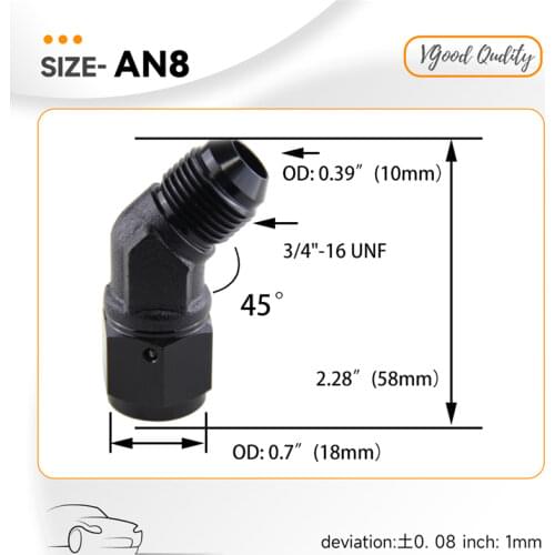 2PCS Male -8AN To -8 AN Female 45 Degree Swivel Coupler Union Adapter Fitting Black
