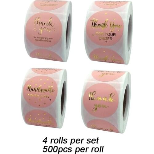4 Rolls Pink Paper Bronzing Thank You Stickers Food Bags Sealing Stickers Handmade Business Label Sticker Diameter 3.8cm/1.5inch