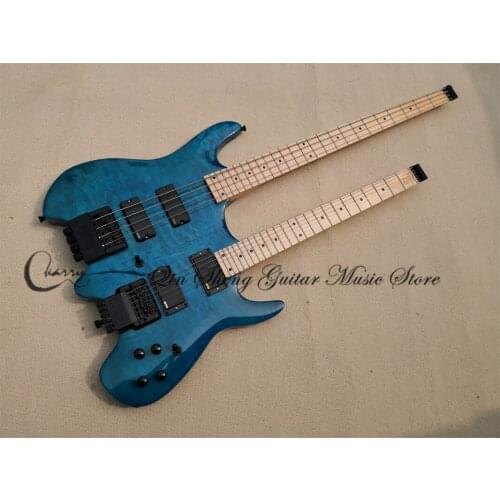 Custom 6 strings headless electric guitar ,double neck blue 4 strings bass,squited maple veneer, fixed bridge,Stainless steel fr