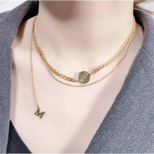 316L Stainless Steel Short Double-layer Accessories Single Tassel MISS Letter Medal Necklace No Fade