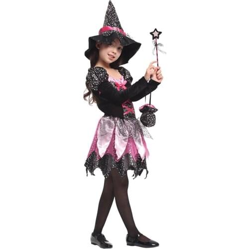 Kids Halloween Costume Witch Wizard Hat Set Cosplay Party Magic Wands Girls Magician Outfit Costumes For Role Play