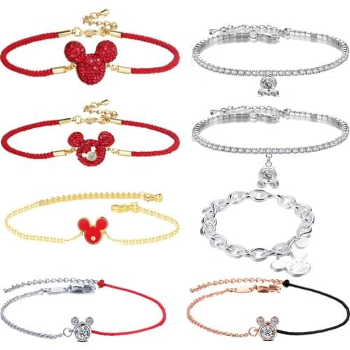 ERLUER Lucky Adjustable Black Red Rope Handmade Weave Mickey Bracelets For Women Yarn Gold Chain Fashion Zircon Bangles Jewelry