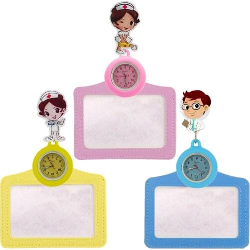 Fashion colorful unisex mens women nurse cartoon doctor pocket watches 2 in 1 Retractable Badge Reel Card Holder medical watches