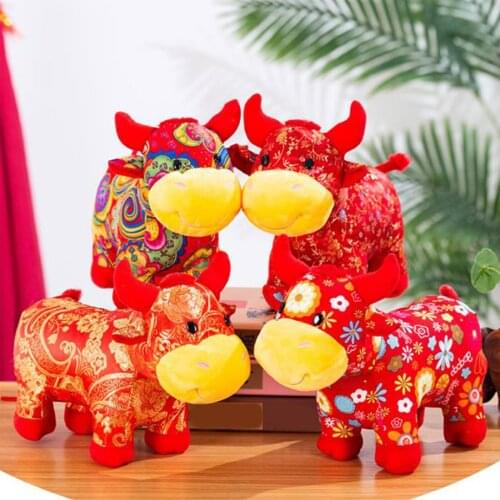 Red Plush Figurine Gifts Cartoon Cow Stuffed Toys Simulation Doll Desktop Decor Festival Ornaments for Chinese New Year