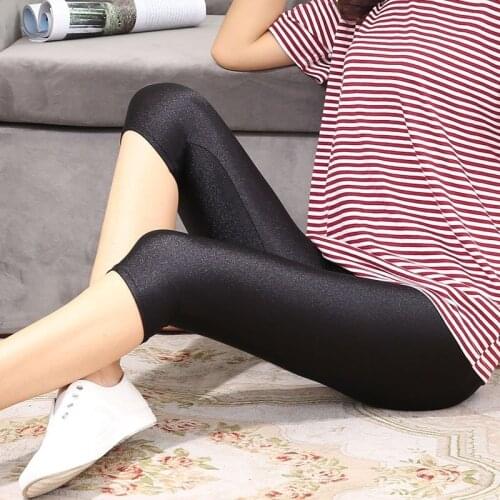 Summer Pregnant Women 7 Pants Black Luster Design Caring Belly Clothes Maternity Shiny Abdomen Support Capris Pregnancy Clothing