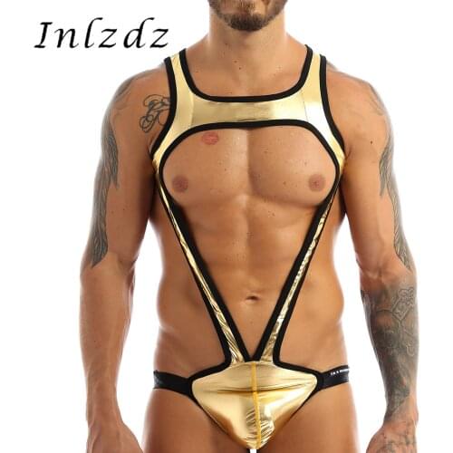 Mens Shiny Sex Mankini Wrestling Singlet Bodysuit Metallic Bulge Pouch Jockstrap Leotard Mankini Bodysuit Open Butt Underwear