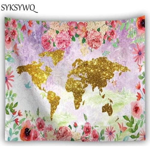 World map wall decor tapestry rose flower wall cloth drop shipping polyester wall blanket tapiserie mural wall hanging