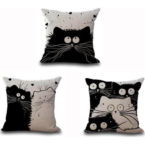 New Design Naughty Cats Couple Sketch Cushion Cover Cute Black White Cat Love Pillow Covers Decorative Linen Cotton Throw Pillow
