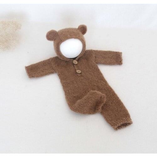 Newborn Romper Set Photography Props Knitted Newborn Clothes Brown Baby Hoodie Newborn Hooded Outfit Photo Prop