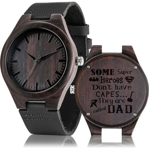Personalized DAD Customized Engraved Wood Watch Male Quartz Wristwatch Genuine Leather Band Mens Watches Casual Man Timepiece