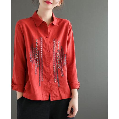 Cotton Linen Plus Size Collared Shirt Womens Long Sleeve Vintage Embroidery Blouse Tops Button Up Ladies Clothes Casual