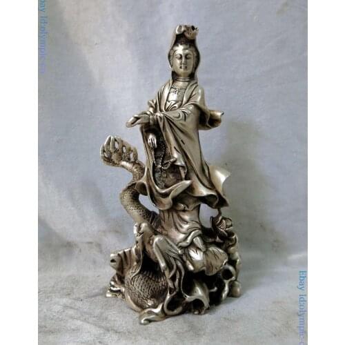 Silver sculpture China carved dragon buddhism Kwan-yin Bodhisattva Buddha Statue