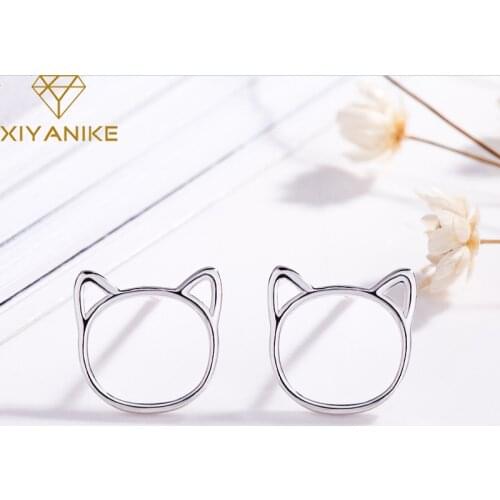 XIYANIKE 925 Sterling Silver New Fashion Cute Hollow Cat Stud Earrings Prevent Allergy For Women Small Ear Hoops Animal Jewelry