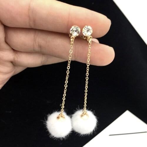 New Arrival Gold Color Faux Rabbit Fur Ball Clip on Earrings Non Piercing for Women Party Long Chain Pierced Earrings 10 Colors