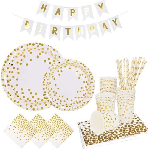 White Gold Party Supplies Disposable Paper Dinnerware Gold Dots Tableware Plates for Wedding Birthday Baby Shower Graduation
