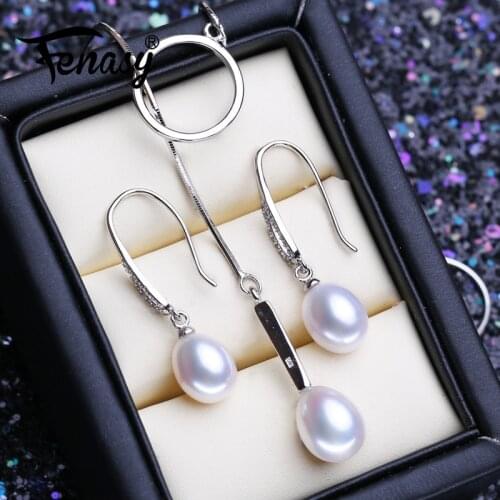 FENASY 925 Sterling Silver Jewelry Sets Natural Pearl Drop Earrings Custom Round Pendant Chain Long Necklaces For Women