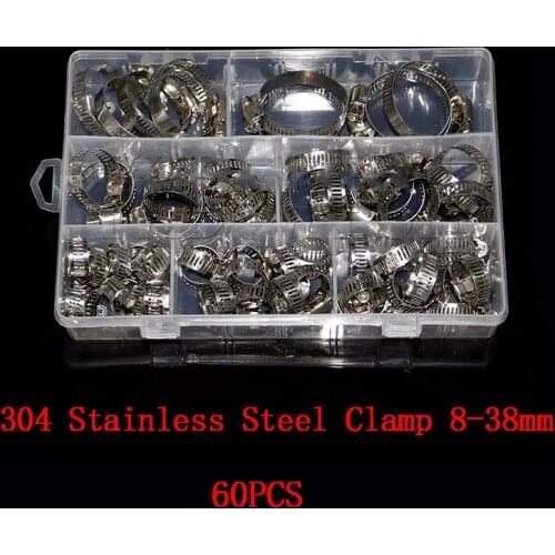60pcs Mixed Packing Hose Collar Clip 8-38mm 304 Stainless Steel Hose Clamps Cinch Clamp Rings for Sealing Kinds of Hose