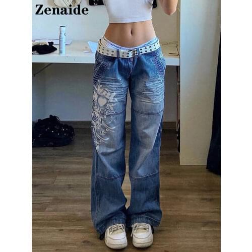 Zenaide 2021 Women Fashion Patchwork High Waist Jeans Autumn Casual Straight Pants Y2K Vintage Irregular Blue Denim Trouser