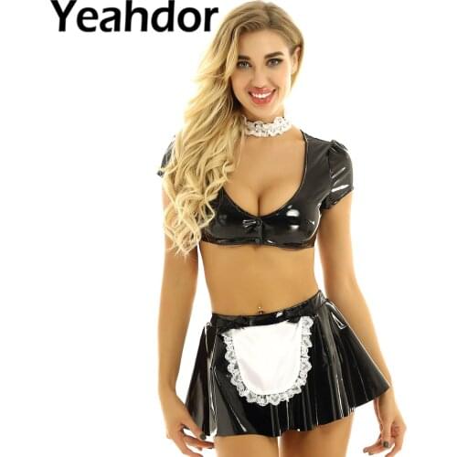 3Pcs Womens Wet Look Patent Leather Maid Cosplay Costumes Outfit Deep V-neck Crop Top with Flared Mini Skirt and Choker Set