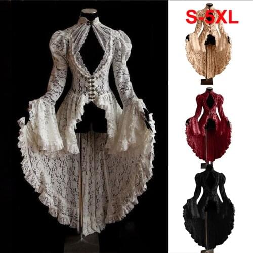 Women Vintage Solid Lace Medieval Cardigan Cosplay Elegant Long Tail Pleated Costume Outwear Victorian Ball Gown Plus Size S-5XL