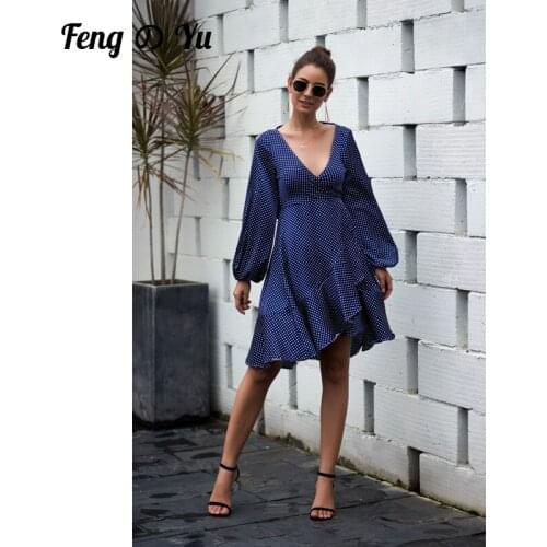 Bohemian Womens Long Sleeve Mini Dress Fall Sun Dress Polka Dot Casual Sexy V-neck Wrapped Backless Ruffled Short Skirt
