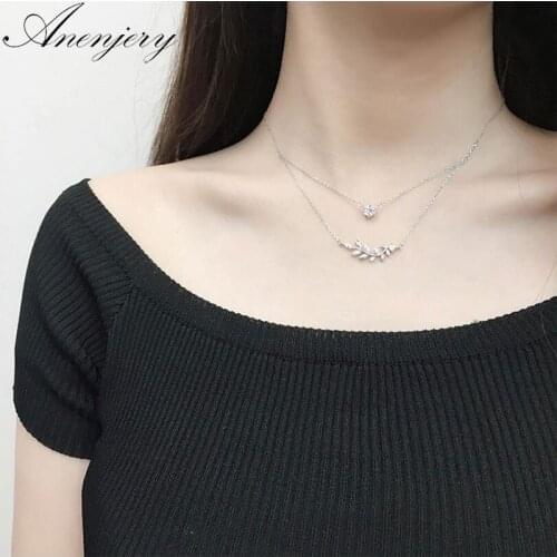 ANENJERY 925 Sterling Silver Micro CZ Leaf Six Claw Zircon Double Pendant Necklace For Women Clavicle Chain Necklace S-N237