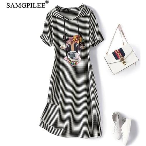 Hooded Collar Bull Head Dress Women 2021 Fashion Striped Stitching Mid-length Short Sleeve Plus Size Summer Woman Dresses 4XL
