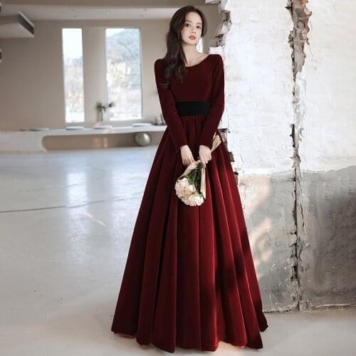 Evening Dress Burgundy Velour Vintage Backless Full Sleeves O-Neck A-Line Ruched Floor-Length New Woman Formal Party Gowns A818