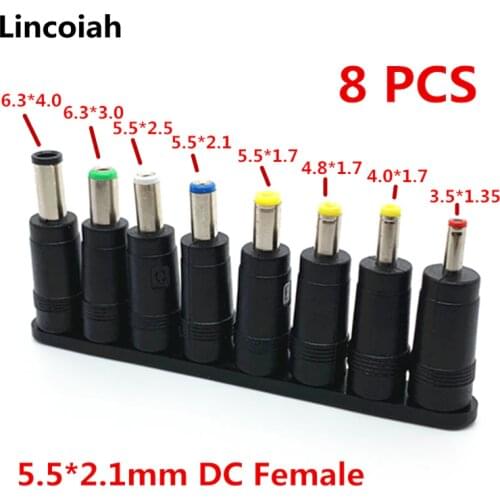 8pcs DC 5.5X 2.1 MM female jack plug adapter Connectors to 6.3 6.0 5.5 4.8 4.0 3.5mm 2.5 2.1 1.7 1.35mm Male Tips power adaptor