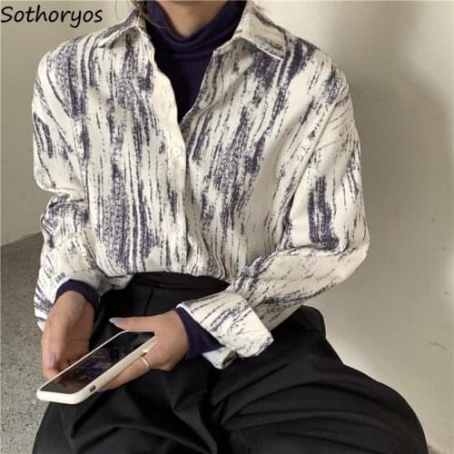 Turn-down Collar Blouses Print Korean Style Loose Chic Fashion All-match Retro Design Shirts Women Single Breasted Leisure New