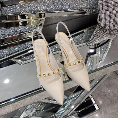 Womens Shoes New Fashion Pumps Genuine Leather Ladies Sandals Pointed Toe Shoes For Summer Rivet Thin Heels Sandals Size 34-41