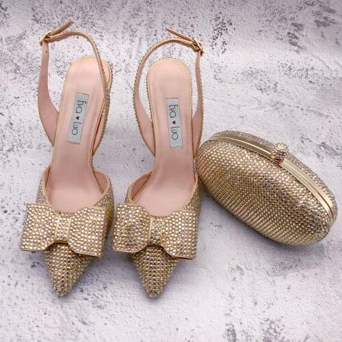 BS1352 Custom Handmade Champagne Gold Crystal SlingBacks Dress Pumps High Heel Women Shoes Bridal Wedding Shoes And Bag Set