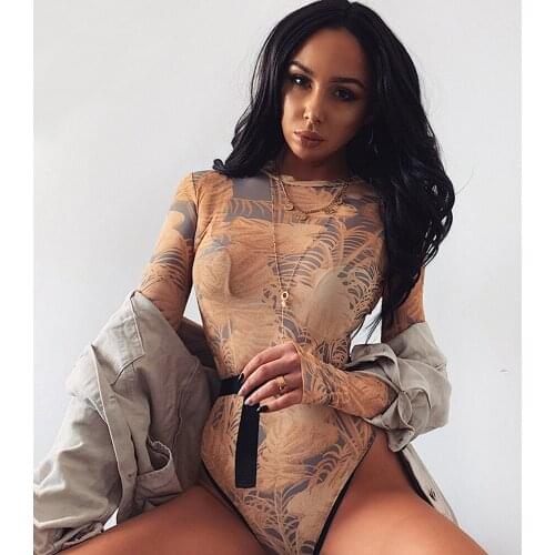 OMILKA Long Sleeve Printed Bodysuits 2019 Autumn Winter Women O Neck Mesh See Through Club Party Skinny Playsuits Bodysuits