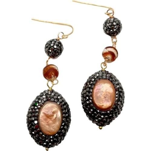 Brown Keshi Pearl Round Agates Black Cz cubic zirconia Pave Pave Dangle Hook Earrings for women