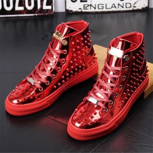 Red Gold Mens Designer Sneakers Punk Hip Hop Ankle Boots Casual Platform Shoes Outdoor Male Rivet Height Increasing Flats