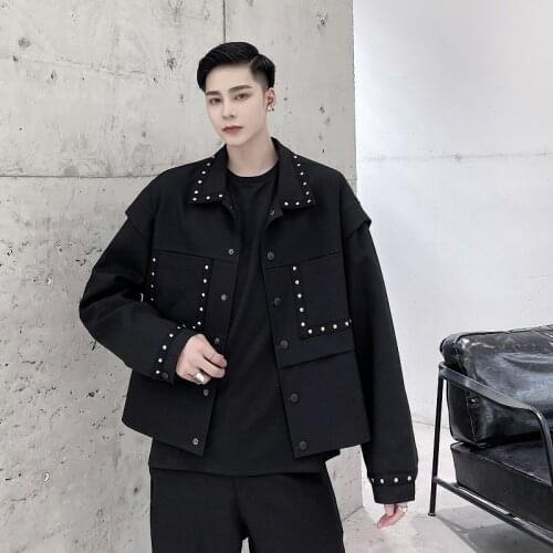Men Rivet Vintage Fashion Casual Loose Short Jacket Male Women Streetwear Black Coat Outerwear
