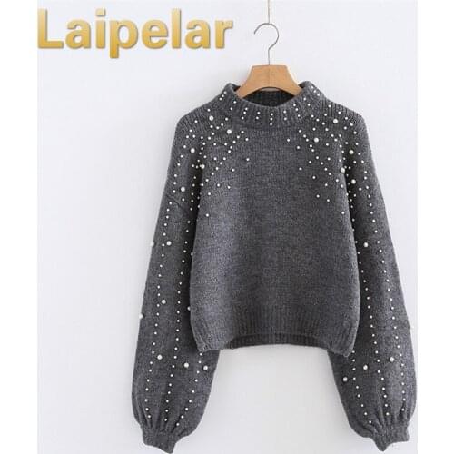 Laipelar Winter Spring Women Pullover Sweaters Grey Elegent Pearl Beaded Rib Knit Jumper Stand Collar Long Sleeve Tight Sweater