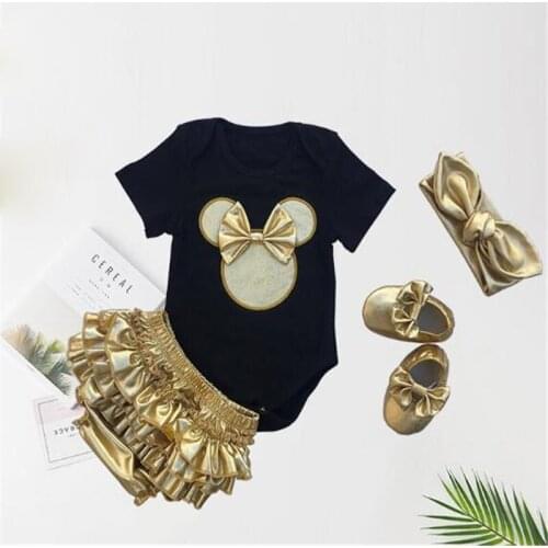 4PCS Mickey Summer Short Sleeve Rompers Disney Cartoon Unisex Clothing Newborn Baby Girl Bodysuit Shorts Pants Bow Shoes Set