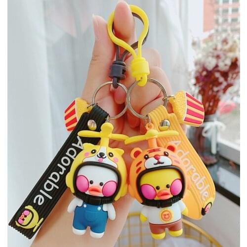 Cute Little Yellow Duck Keychains Cartoon Flying Helmet Duck Key Chain Women Bag Car Pendant Keyring Childrens Gift Wholesale
