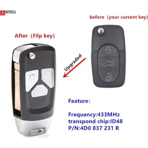 Keyecu Upgraded Flip key Remote key Fob for Audi A2 A3 A4 A4 Quattro A6 Quattro 1998 1991 2000 P/N:4D0 837 231 R