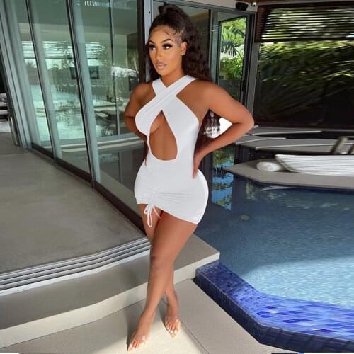 Solid Neck Mounted Hollow Out Skinny Mini Dress Women Summer Pleated Sexy Party Club Female Dress Curvy Figur Eaesthetic Hipster