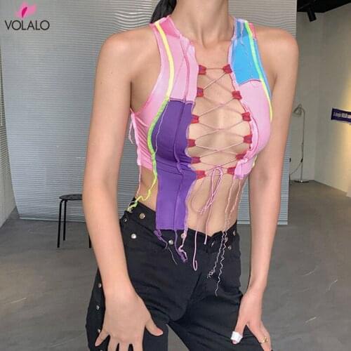VOLALO Sexy Hollow Out Women Tank Top Striped Patchwork Drawstring Ribbed Sleeveless Bandage Fashion Partywear Fitness Clothes