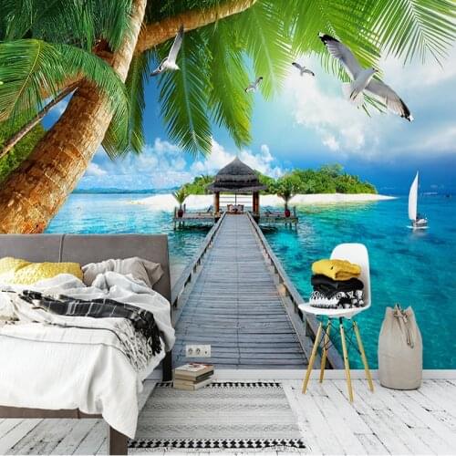 Custom Photo Wall Paper 3D Seaside Landscape Palm Island Wooden Bridge Mural Living Room Bedroom Background Wall Papel De Parede