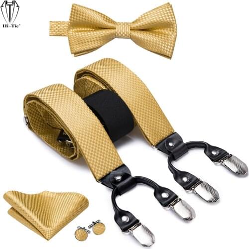 Hi-Tie Silk Mens Suspenders Set Gold Plain Jacquard 6 Clips Male Braces Bowtie Hanky Cufflinks Black Leather Y Back Straps Gift