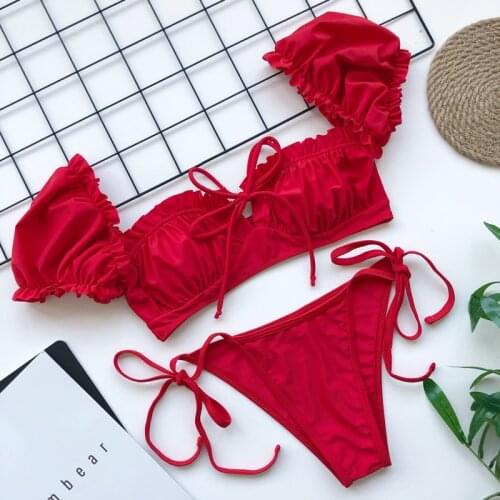 Sexy Bikini 2021 Women Short Sleeve Solid Red Push Up Bra Cut Out Swimsuit Bathers Bathing Suit Bandage Thong Swimwear Beachwear