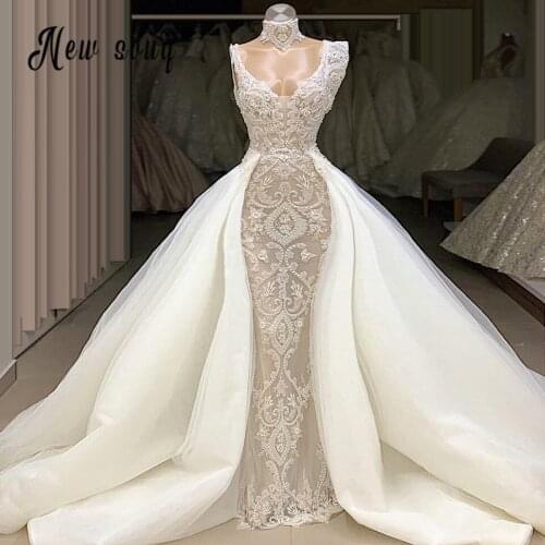 Luxury Pearls V Neck Lace Wedding Gown 2021 Mermaid Detachable Train Wedding Bridal Gowns Robe De Mariage Vestido De Novia