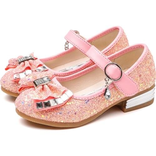2020 New Princess Kids Leather Shoes For Girls Butterfly Knot Casual Glitter Children High Heel Girls Performance Dance Shoes